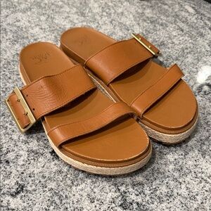 Sorel Women's Cognac Double-Strap Slide Sandals with Gold Buckles